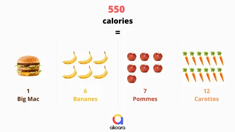 Calories contenues dans un Big Mac / 6 bananes / 7 pommes / 12 carottes
