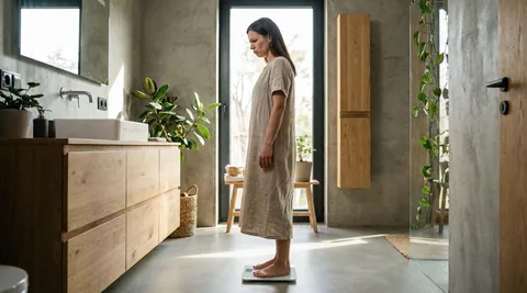 Femme contrariée devant sa balance dans salle bain