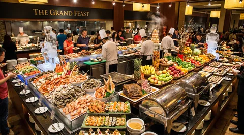 Buffet de nourriture avec du jambons, du fromages, des fruits, etc.