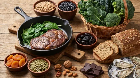 Table en bois avec des aliments riches en fer : Foie, steak, rognon, abricot