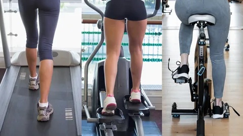 Triptyque : jambes d'une femme sur tapis de course, vélo elliptique et vélo d'appartement