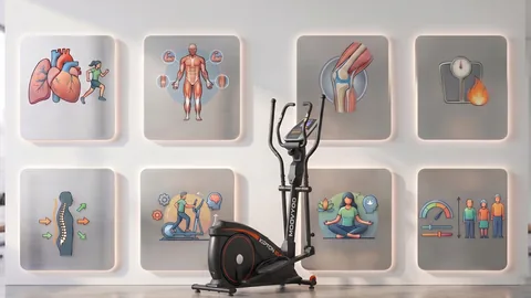 vélo elliptique devant mur indiquant ses bienfaits