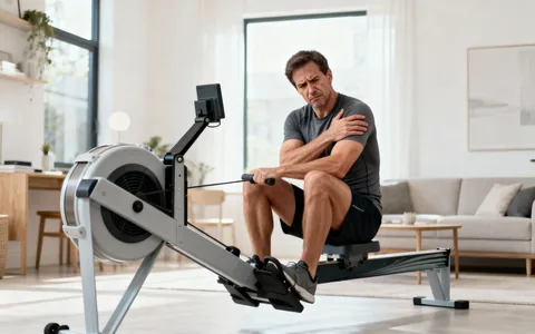 Homme sur rameur se touchant l'épaule de douleur