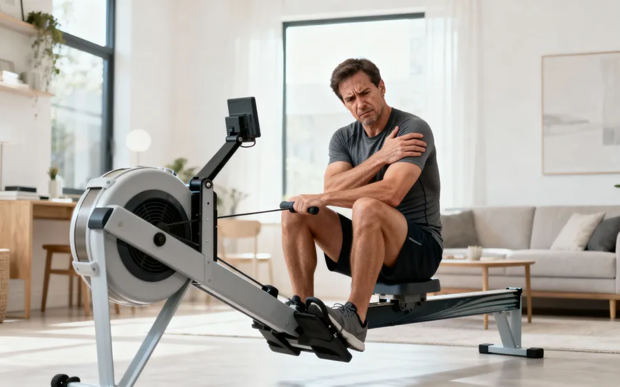 Homme sur rameur se touchant l'épaule de douleur