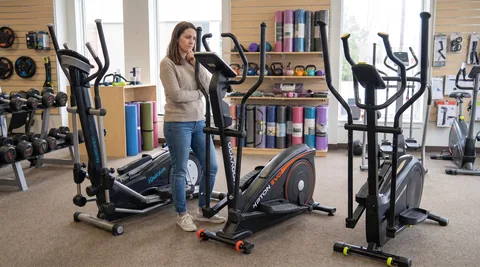 Jeune femme en tenue de sport, hésitante entre deux modèles de vélos elliptiques exposés dans des carrés