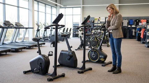 Homme en t-shirt, se tenant le menton, avec plusieurs vélo d'appartement en vignette