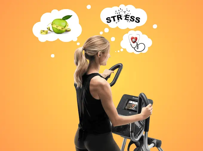 Femme sur vélo elliptique pensant à perte de poids, réduction du stress et santé cardiaque, fond orange.