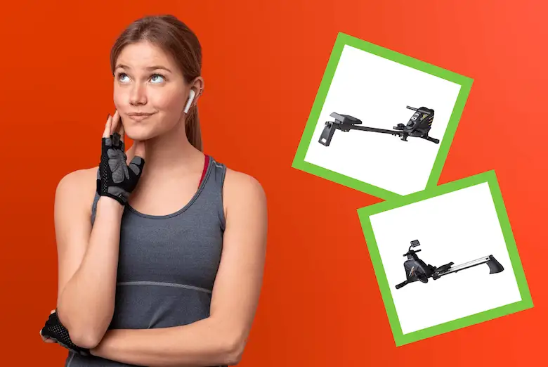 Femme en tenue de sport réfléchissant à l’achat d’un rameur, deux modèles encadrés pour comparaison sur fond rouge.