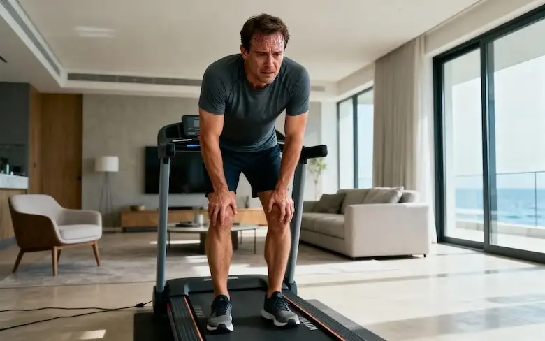 Homme essoufflé penché sur un tapis de course à domicile, mains sur les genoux, salon lumineux avec baie vitrée vue mer.