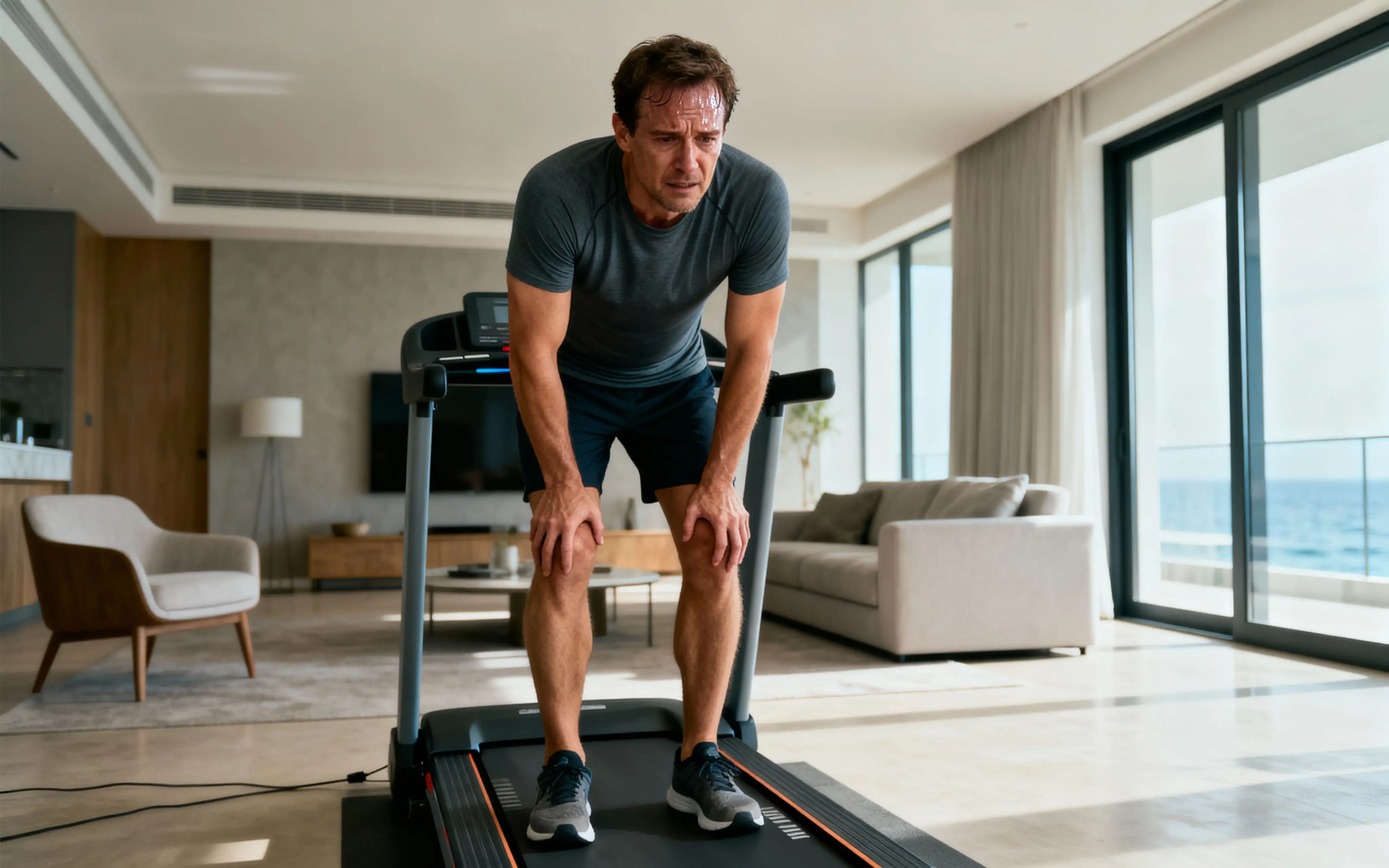 Homme fatigué sur un tapis de course