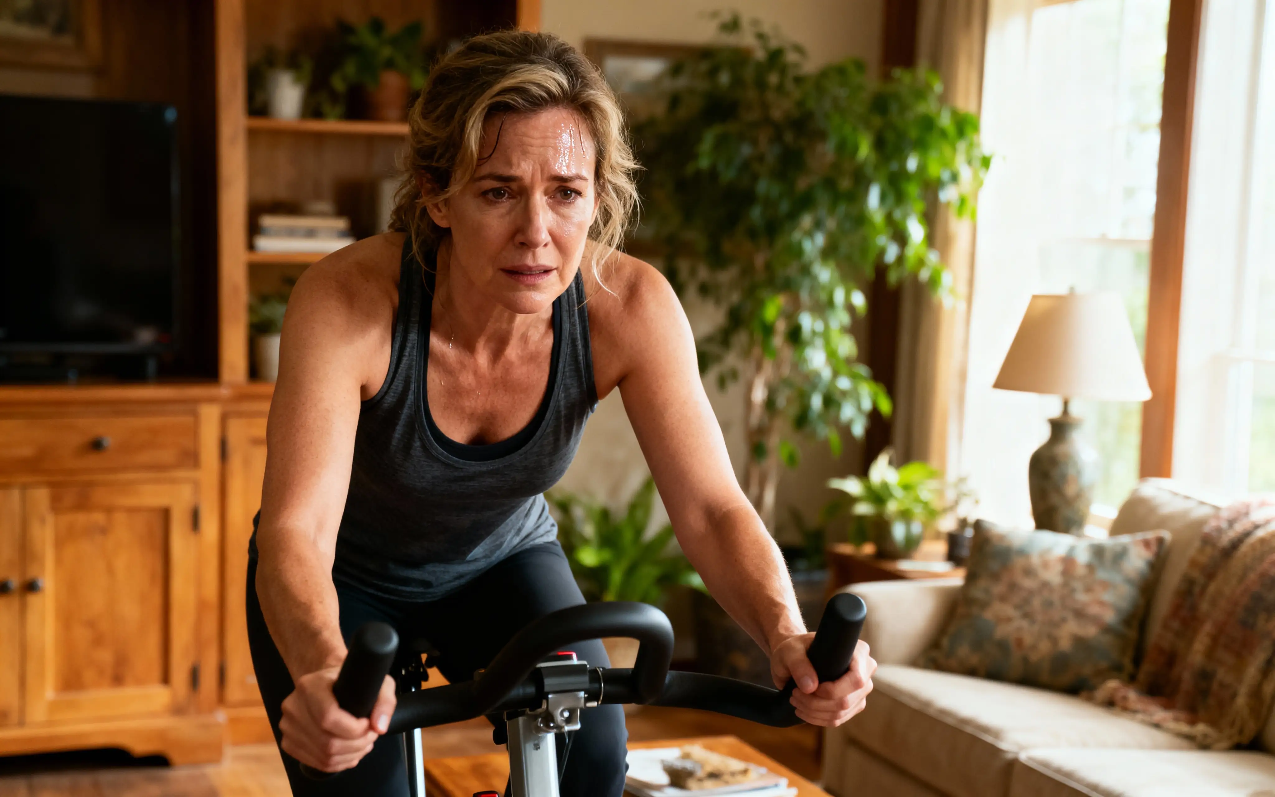 Vélo d'appartement Femme en plein effort sur un vélo d'appartement