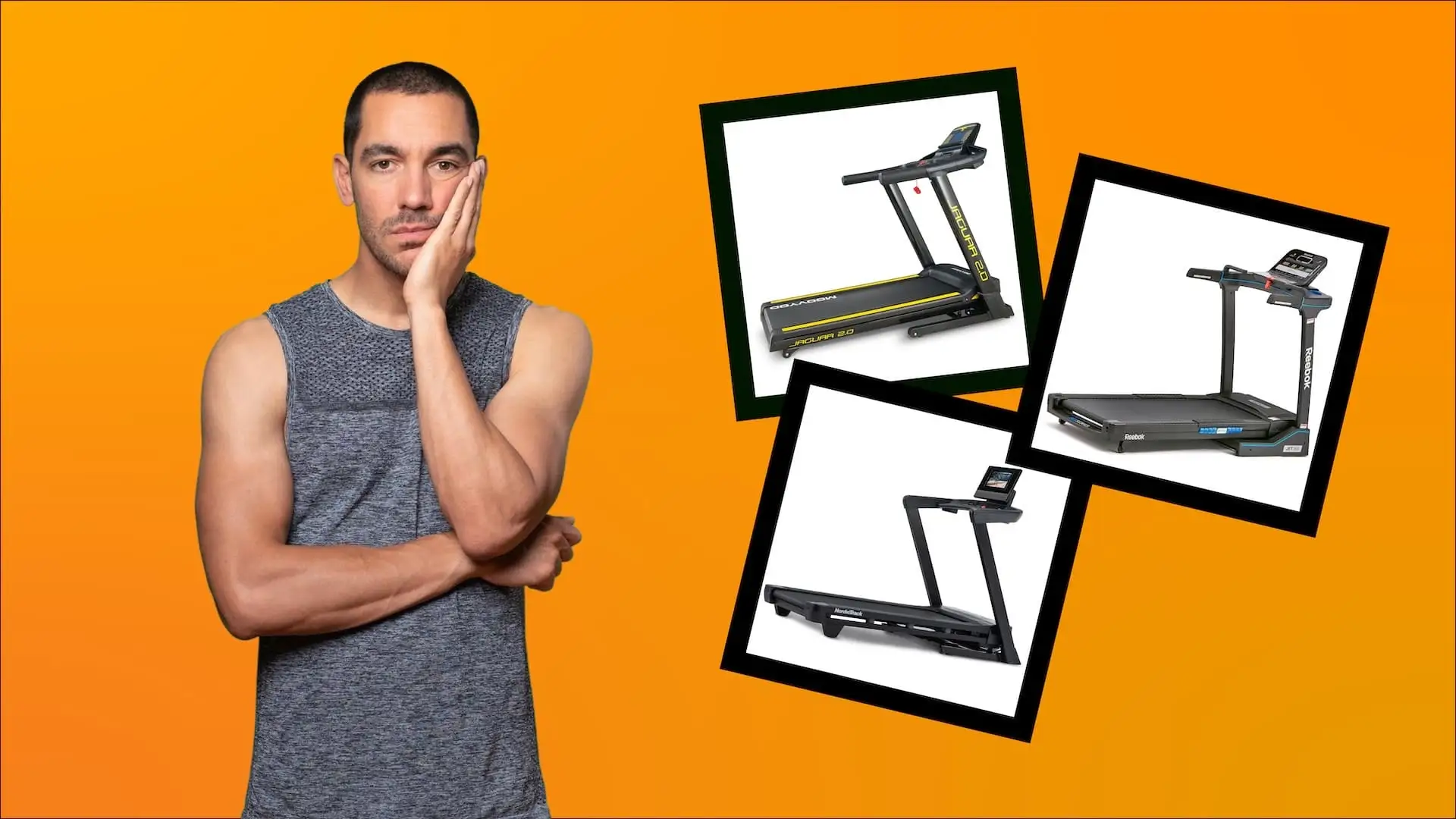 Choisir un tapis de course Homme en t-shirt, se tenant la tête comme s'il hésitait, avec plusieurs tapis de course en vignette