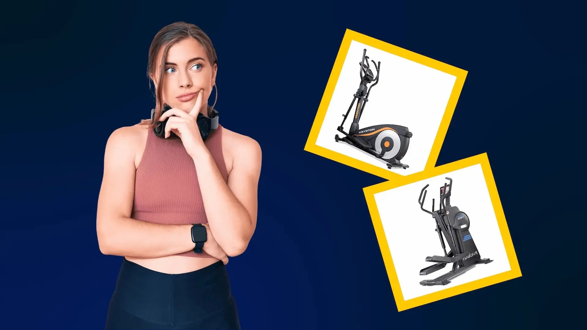 Choisir un vélo elliptique Jeune femme en tenue de sport, hésitante entre deux modèles de vélos elliptiques exposés dans des carrés
