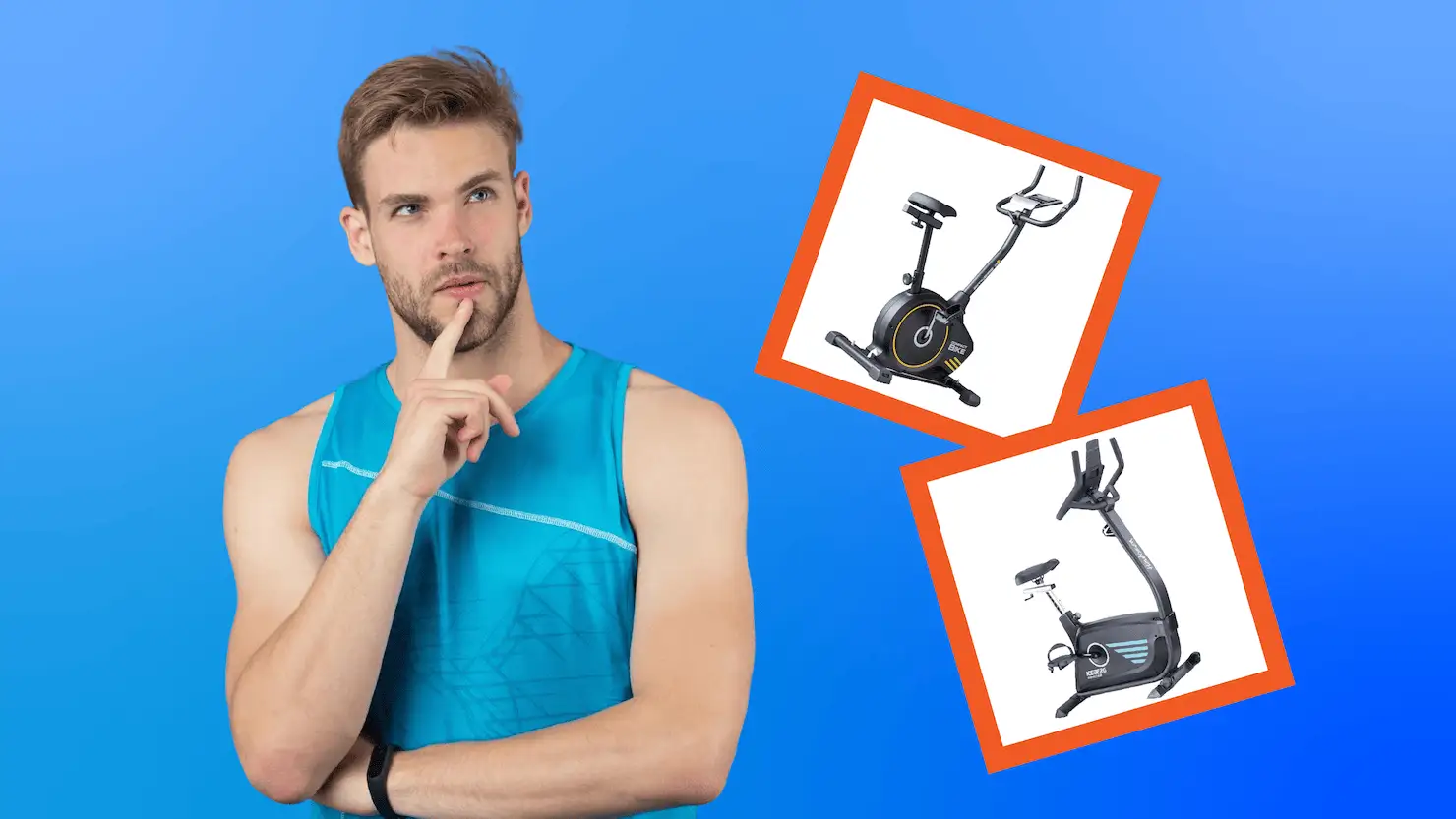 Choisir un vélo d'appartement Homme en t-shirt, se tenant le menton, avec plusieurs vélo d'appartement en vignette