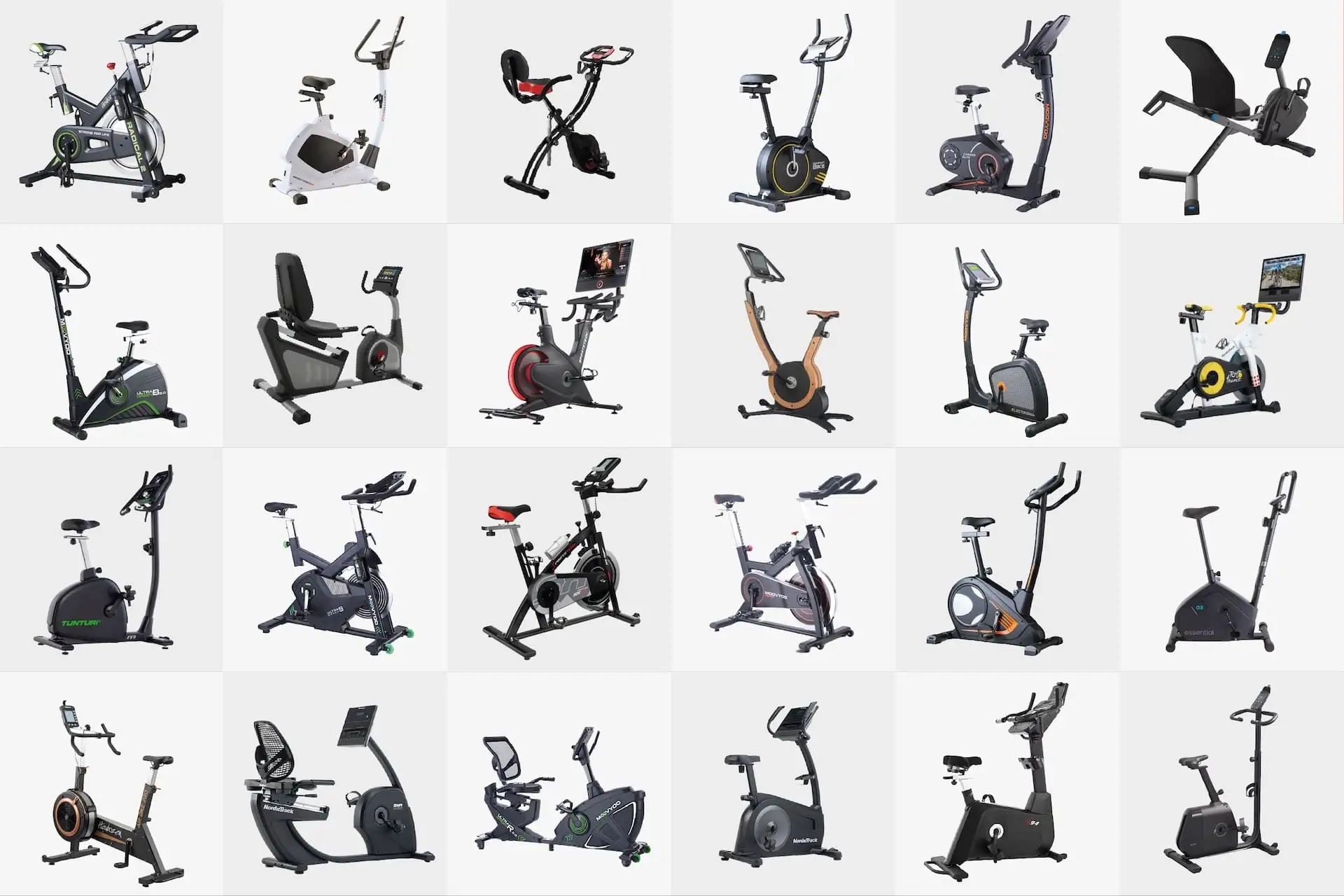 Mosaïque de différents modèles de vélos d'appartements